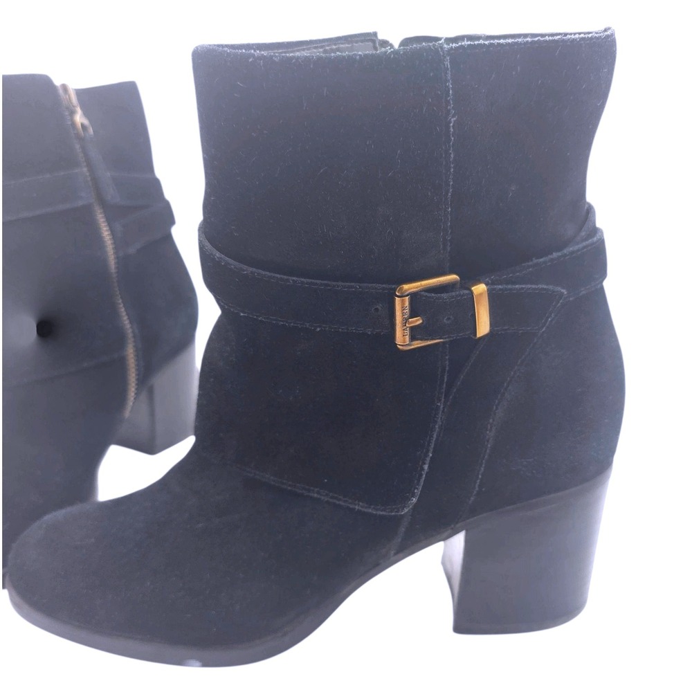 Ralph Lauren RLL Black Suede Block Heel Ankle Boots‎ Gilda 8B Y2K Moto Strap